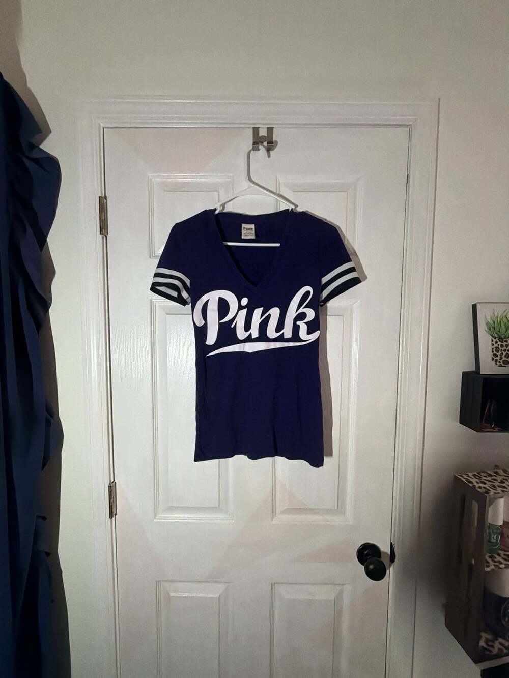 Victoria's Secret PINK Navy Blue V-Neck T-Shirt with Striped Sleeves